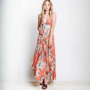 Free People Through The Vine Coral Floral Maxi Dress Adjustable Straps S